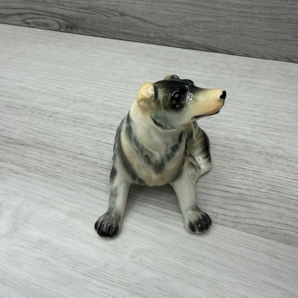 Porcelain Dog Figurine Collie Puppy Gray Black Tan Glazed Marked Base 3inch